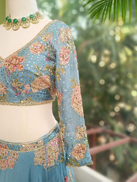 Vihana Sky Blue Lehenga Set with Floral Print and Sequin Work