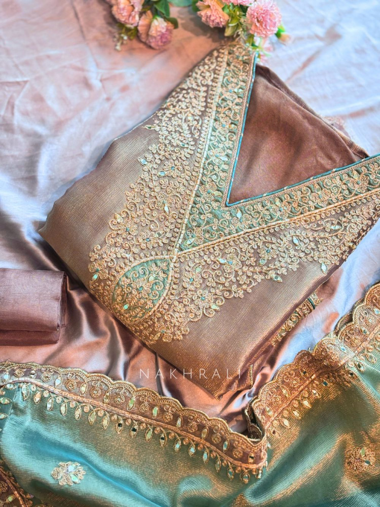 Image of Ravika Brown Dress Material with Mirror Gota Patti Work