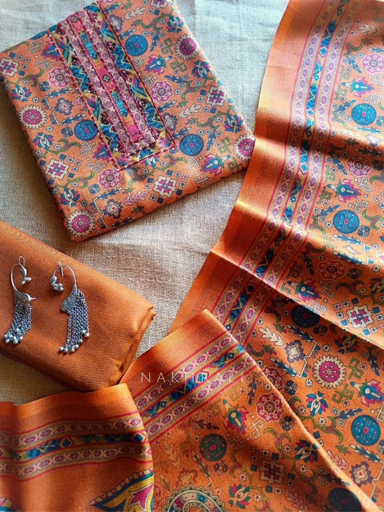 Image of Heritage Orange Woolen Printed Dress Material