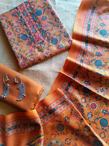 Heritage Orange Woolen Printed Dress Material