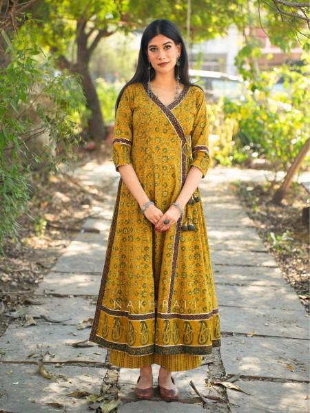 Umrao Mustard Angrakha Cotton Kurta