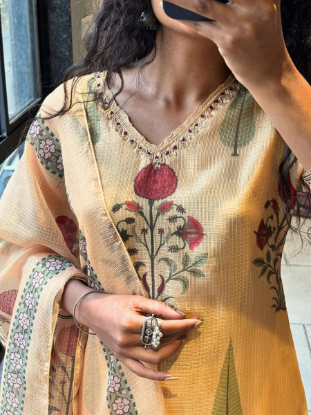 Saanjh Yellow Kota Doria Suit Set with Floral Print