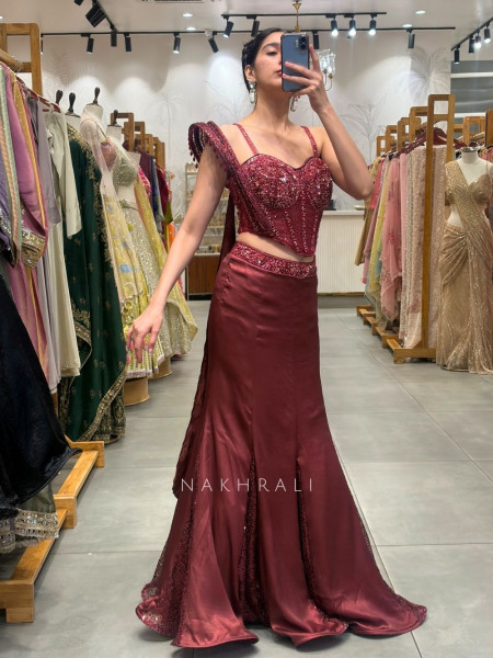 Sorvella Wine Indo-Western Skirt Set with Sequin Corset