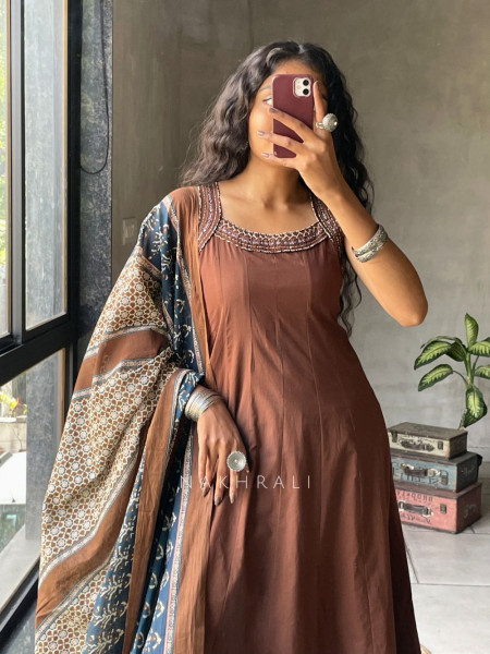 Miraya Brown Cotton Suit Set with Printed Border Detail