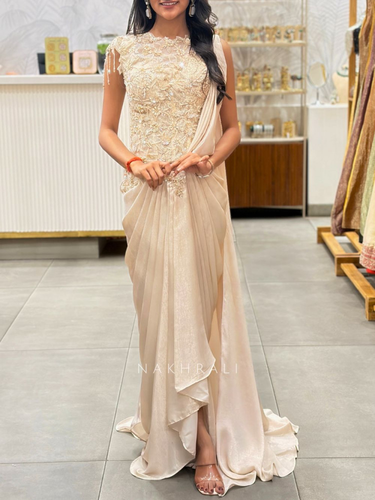 Image of Noctra Glow Beige Ready-to-Drape Saree