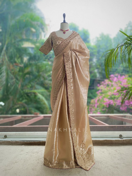 Gilded Noor Golden Premium Tissue Silk Blend Saree With Readymade Blouse