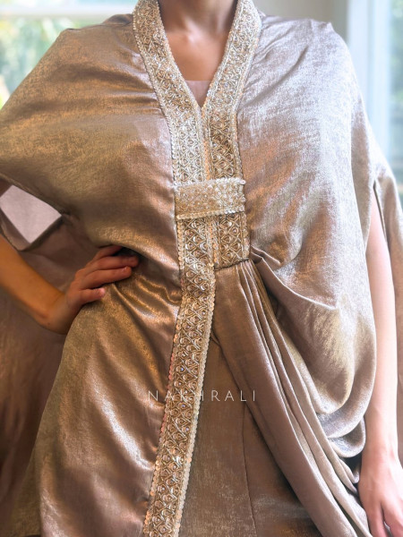 Aarvika Beige Metallic Indo-Western Kaftan Set with Embellished Neckline