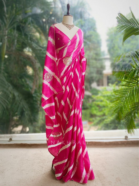 Aurelia Pink Leheriya Saree with Gota Patti and Sequin Work