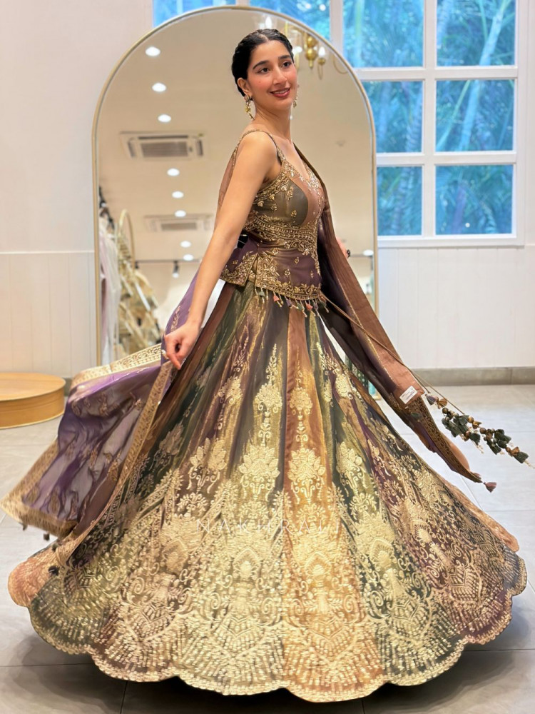 Image of Itrh Brown &amp; Green Tissue Silk Indo-Western Lehenga