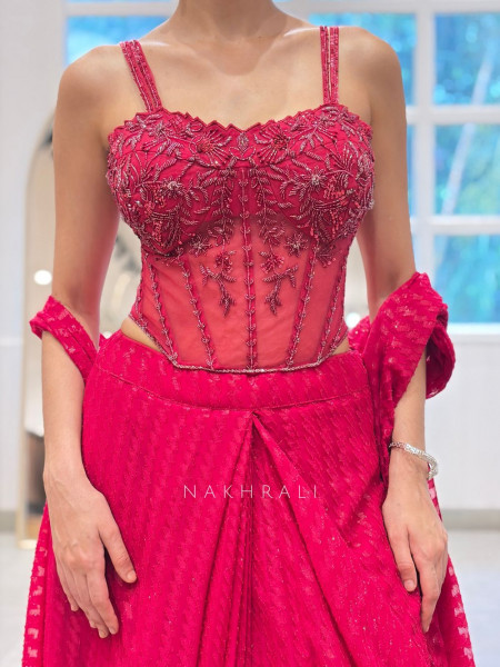Magenta Sequin Mirror Drape Saree