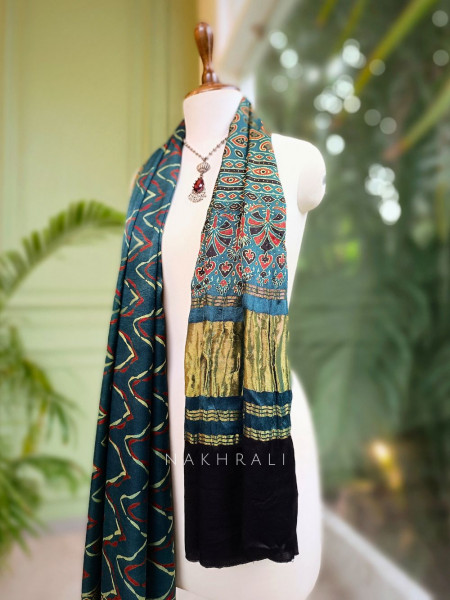 Elowen Green Modal Silk Dupatta with Ajrakh Print