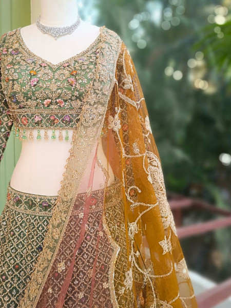 Kivra Green Lehenga Set with Multicolor Embroidery and Dupatta