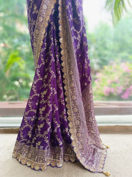 Tarangini Purple Banarasi Silk Blend Saree with Readymade Blouse
