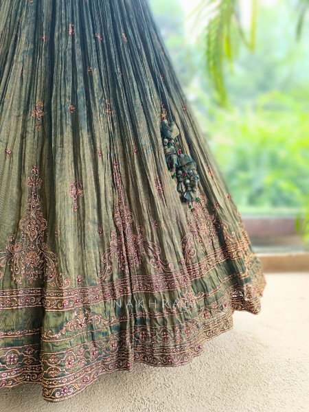 Twilight Moss Olive Green Metallic Tissue Silk Indo-Western Lehenga