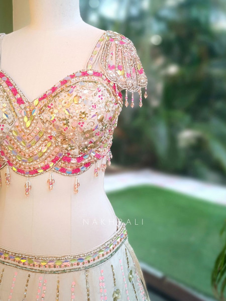 Solaris Petal Off-White Satin Silk & Soft Net Lehenga