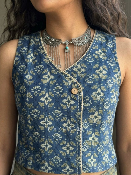 Flexora Blue Printed Sleeveless Top with Overlap Neck Detail