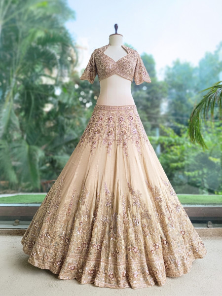 Tvarika Beige Tissue Organza Bridal Lehenga With Zardozi Tilla & Scalloped Work