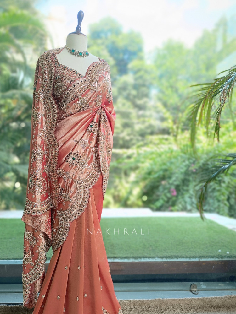 Image of Aethelgard Peach Silk Blend Saree with Readymade Blouse &amp; Kundan Zardozi Work