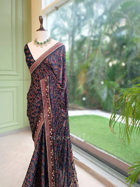 Blue Floral Ajrak Modal Silk Saree