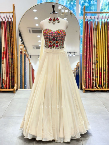 Azure Cream Georgette Indo Western Lehenga with Thread and Mirror Work