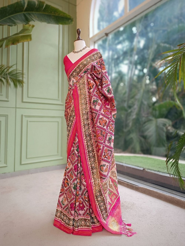 Image of Varnamala Red Patola Silk Saree with Multicolor Elephant &amp; Peacock Motifs and Zari Border