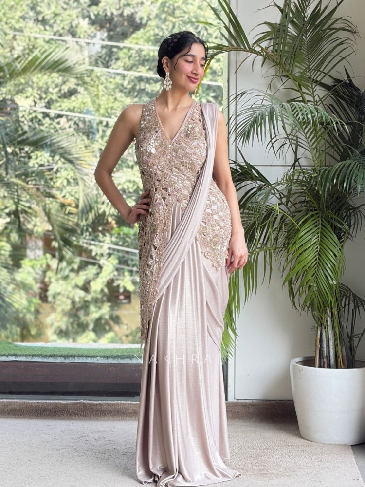Image of Aurelia Lattice Brown Drape Saree