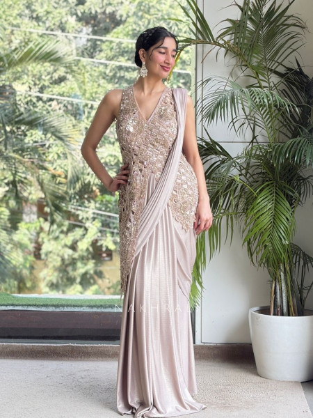 Aurelia Lattice Brown Drape Saree