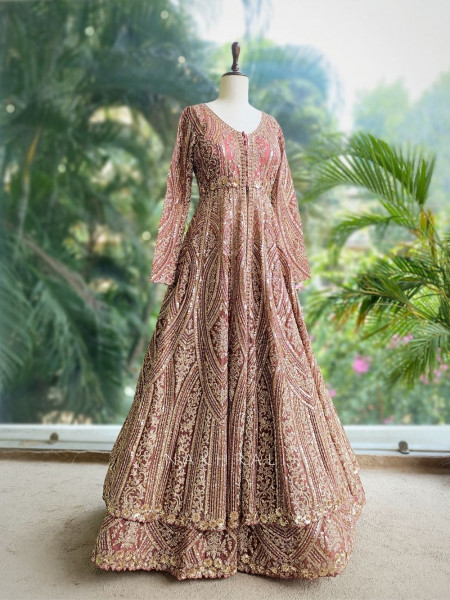 Blush Bloom Pink Achkan Pattern Lehenga with Zari Sequin Work