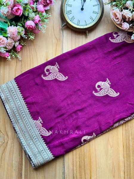 Tavira Wine Saree with Broad Border and Unstitched Blouse Piece