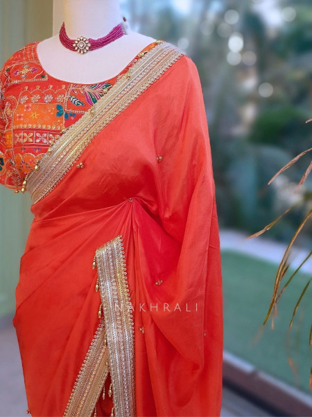 Rati Orange Saree with Gota Patti Border & Multicolor Embroidered Readymade Blouse