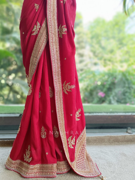 Tarang Cherry Red Saree With Zardozi, Pitta & Gota Patti Work