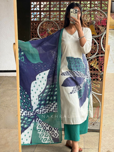 Ivory & Teal Cotton Suit Set with Abstract Print
