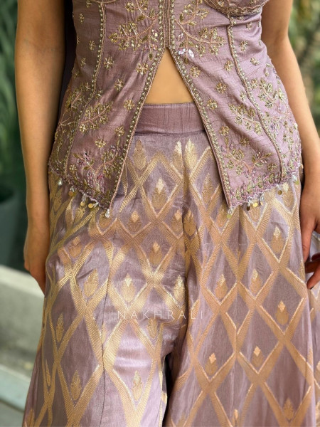 Zyelle Purple Chinon Palazzo Set with Hand Embroidery