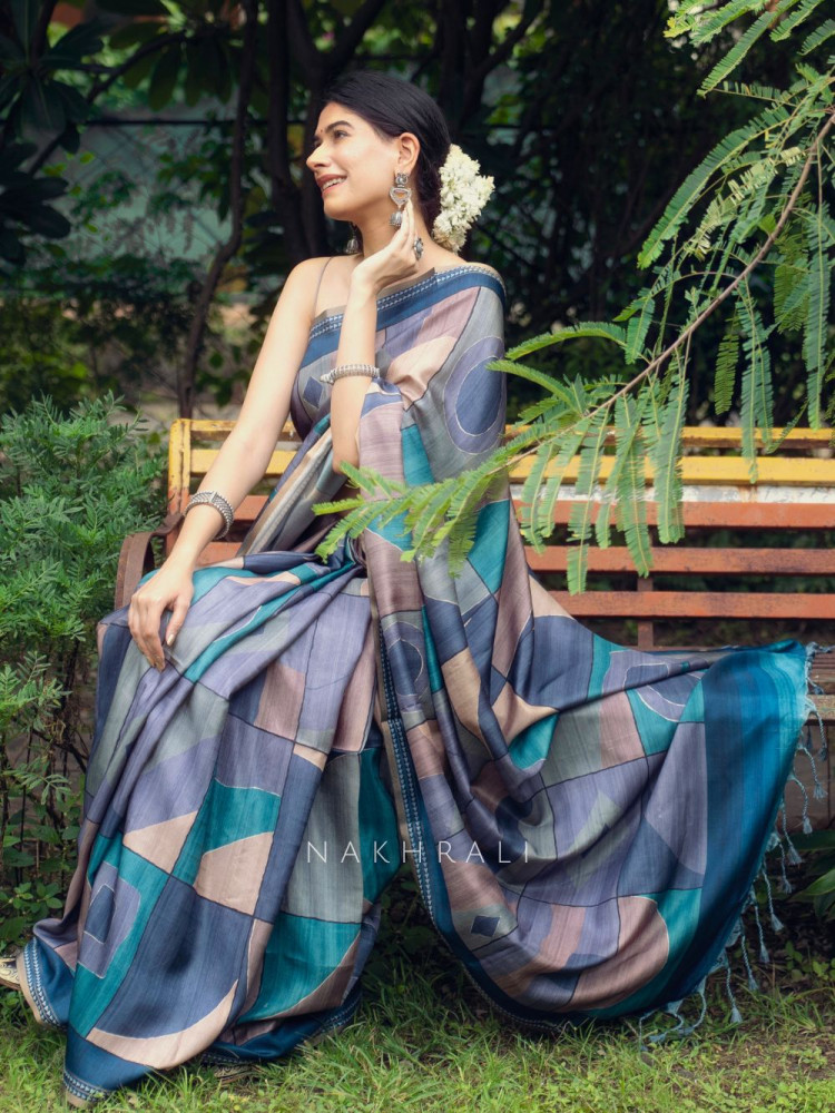 Image of Nirvani Blue Silk Saree with Geometric Abstract Design