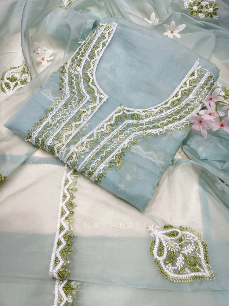 Image of Foliage Frost Sea Green Organza Luxury Dress Material