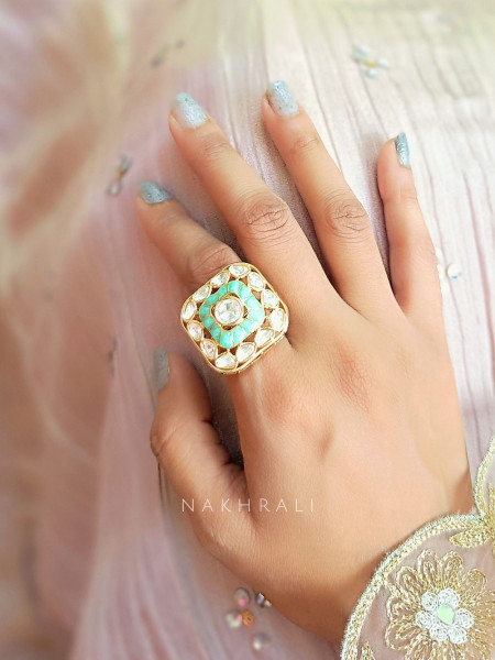 Aqua Glow Sea Green Adjustable Ring with Kundan Work