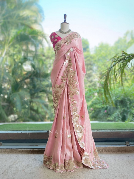 Dimensional Petal Pink Saree with Running Blouse Piece
