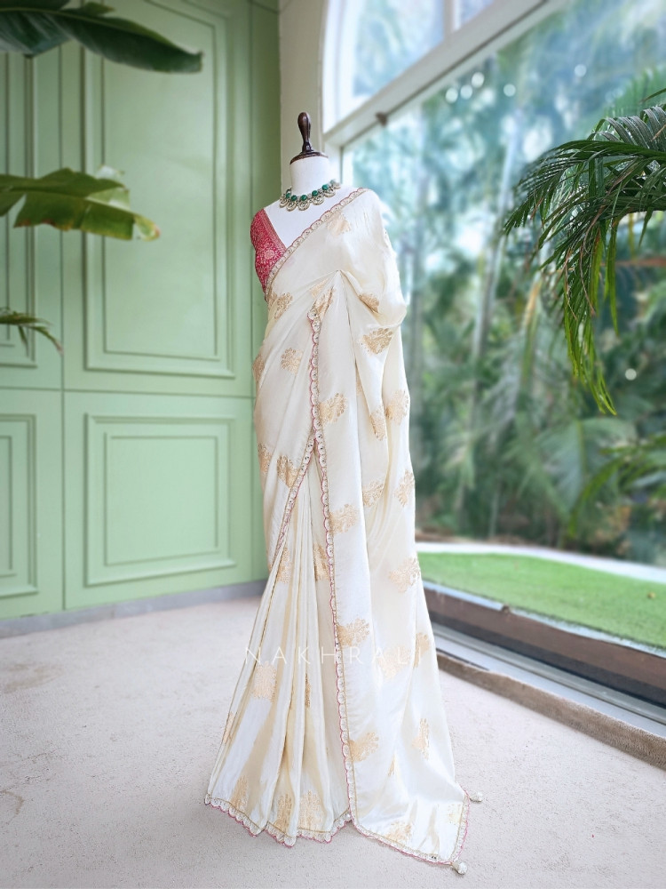 Image of Kusumrekha Cream Georgette / Chinnon Silk With Saree with Contrast Running Blouse
