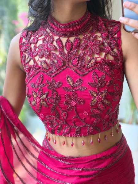 Shadowed Magenta Crushed Georgette – Pre-Draped Saree with Blouse