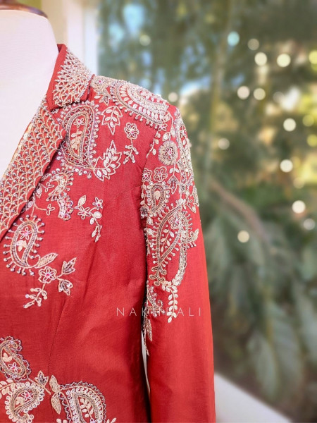 Velira Rust Embroidered Crop Top Skirt Set with Jacket