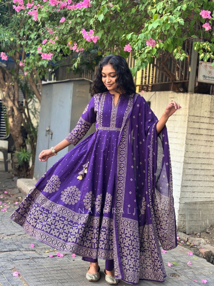 Image of Neelohit Purple Cotton Anarkali Printed  Suit Set with