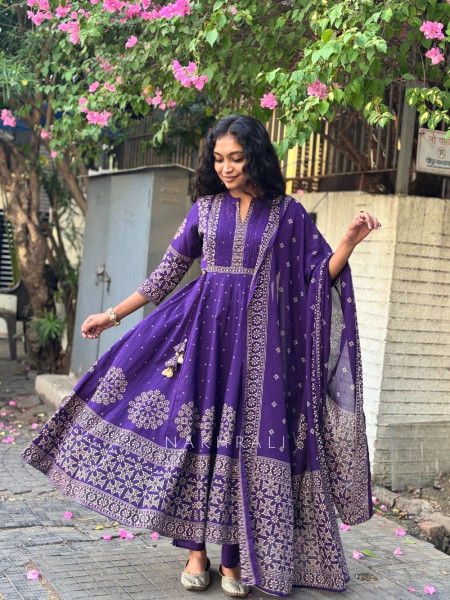 Neelohit Purple Cotton Anarkali Printed  Suit Set with