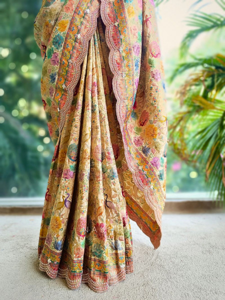 Anvika Beige Saree with Cut Dana and Sequin Work