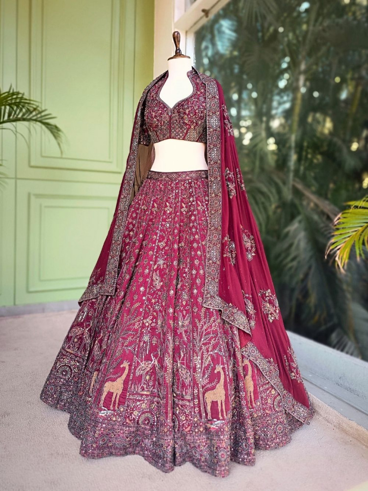 Image of Maribel Maroon Embroidered Lehenga Set