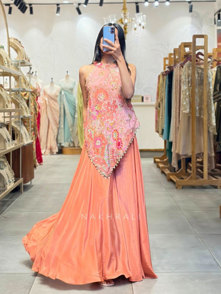 Floral Pink Indo-Western Palazzo Set with Sequin Work
