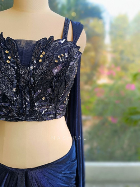 Neelvira Blue Crop Top Drape Skirt Set with Sequin & Cut Dana Work