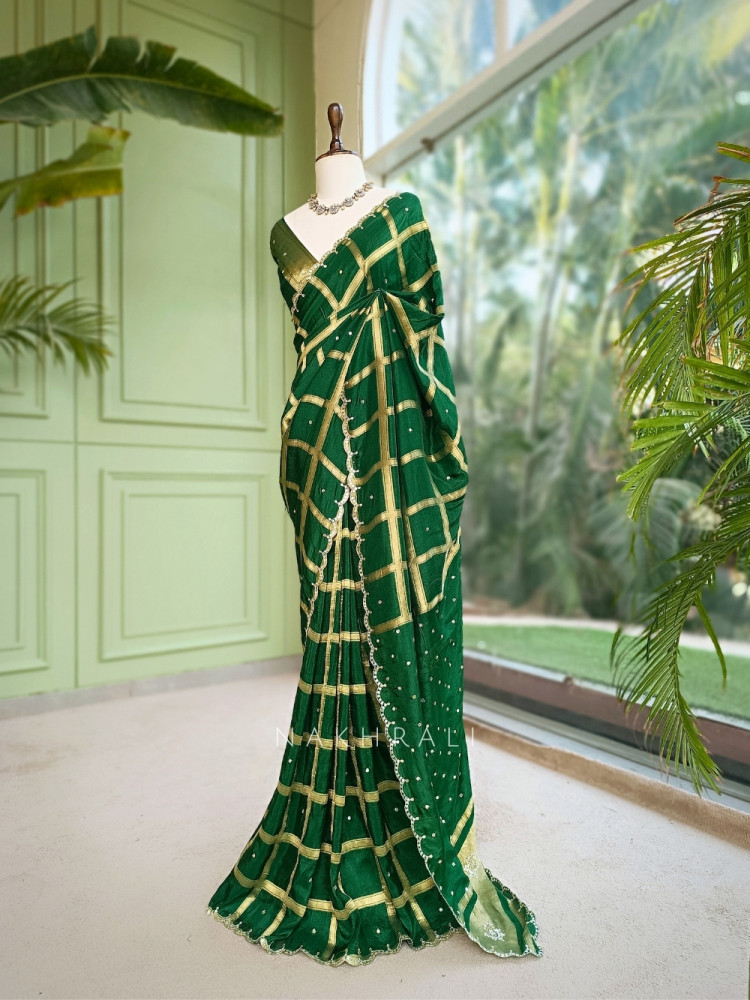 Image of Asmi Green Chinon Silk Zari Check Saree