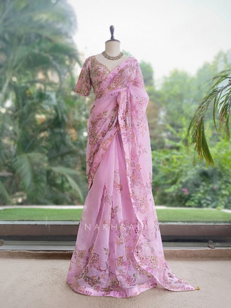 Petal Gleam Lavender Floral Silk Organza Saree