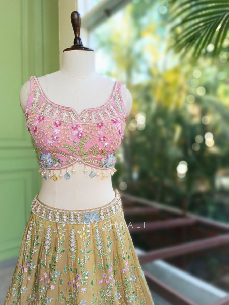 Madhulika Mehendi Green Net Lehenga Set with Floral Sequin Work