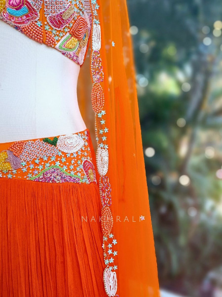 Raviera Orange Lehenga Set with Bead Embroidered Blouse